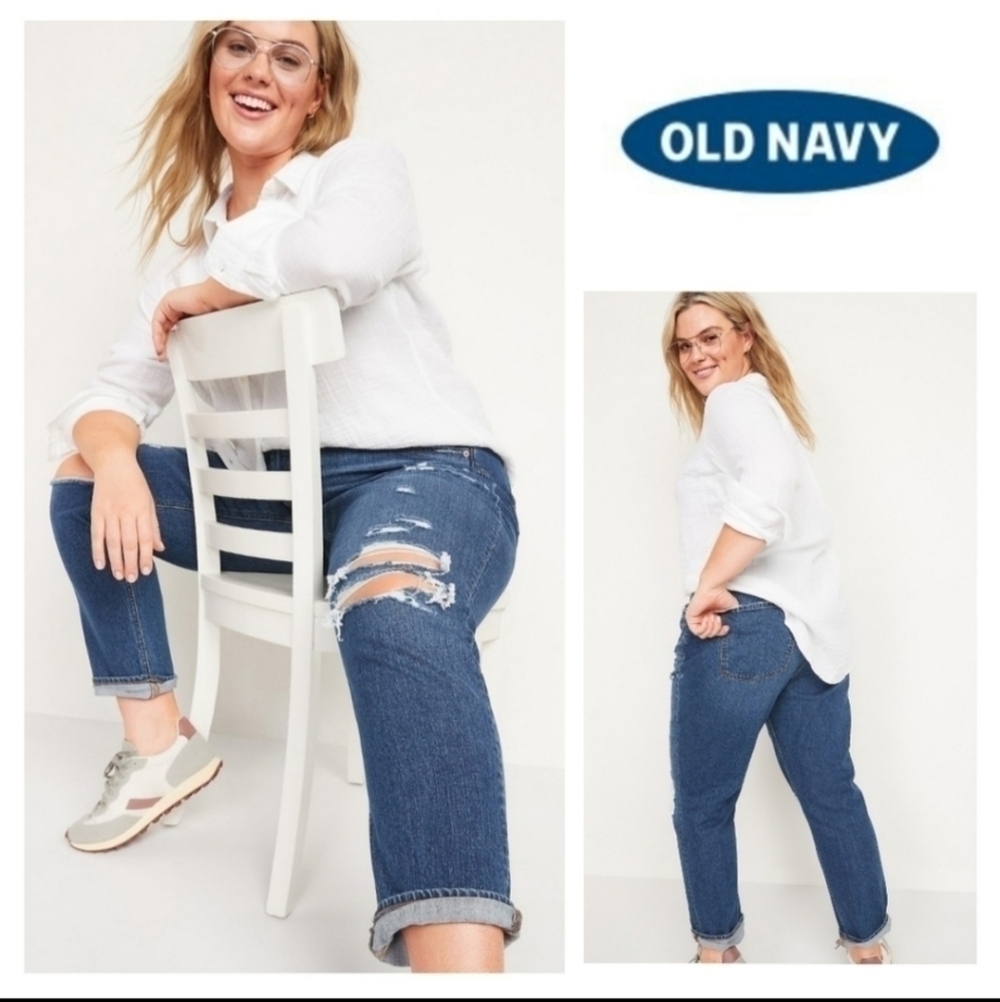 Old Navy Distressed Mid-Rise Boyfriend Jeans Cropped Ankle Women's 12 Rips EUC